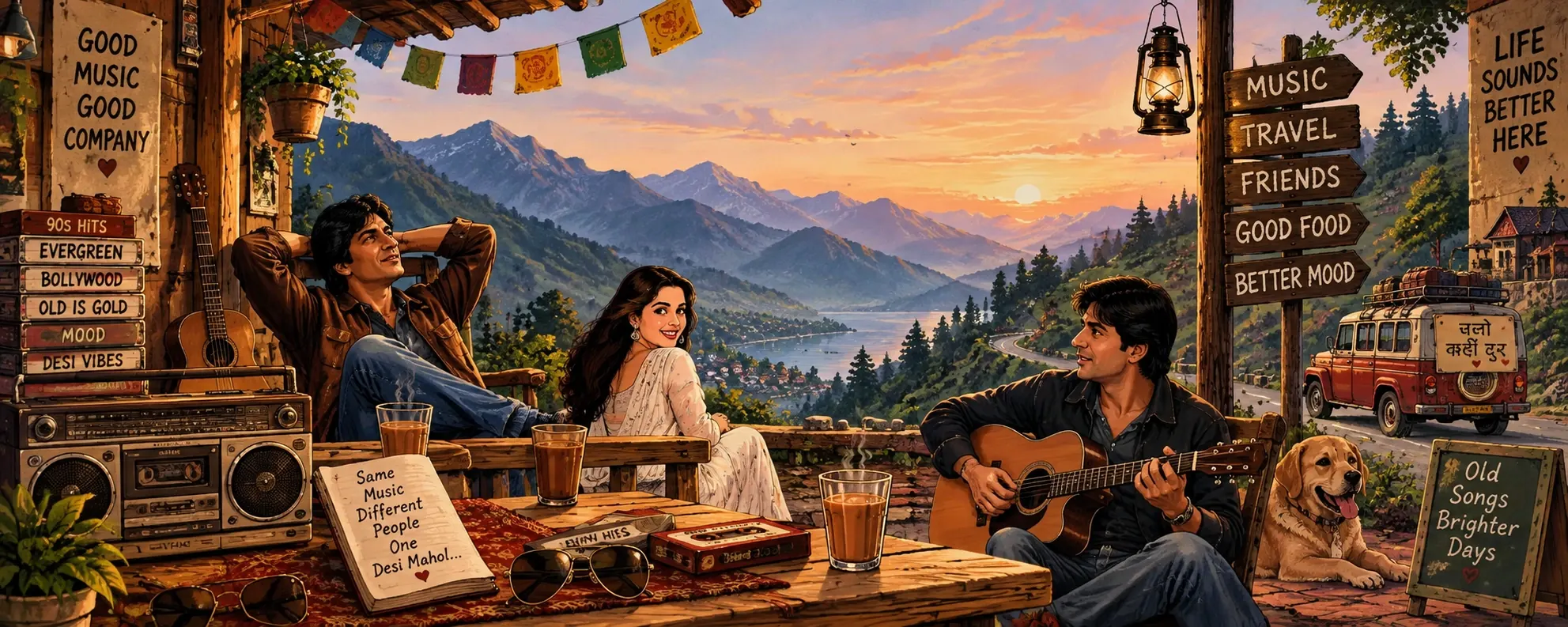 Friends listening to music together on a mountain terrace at sunset