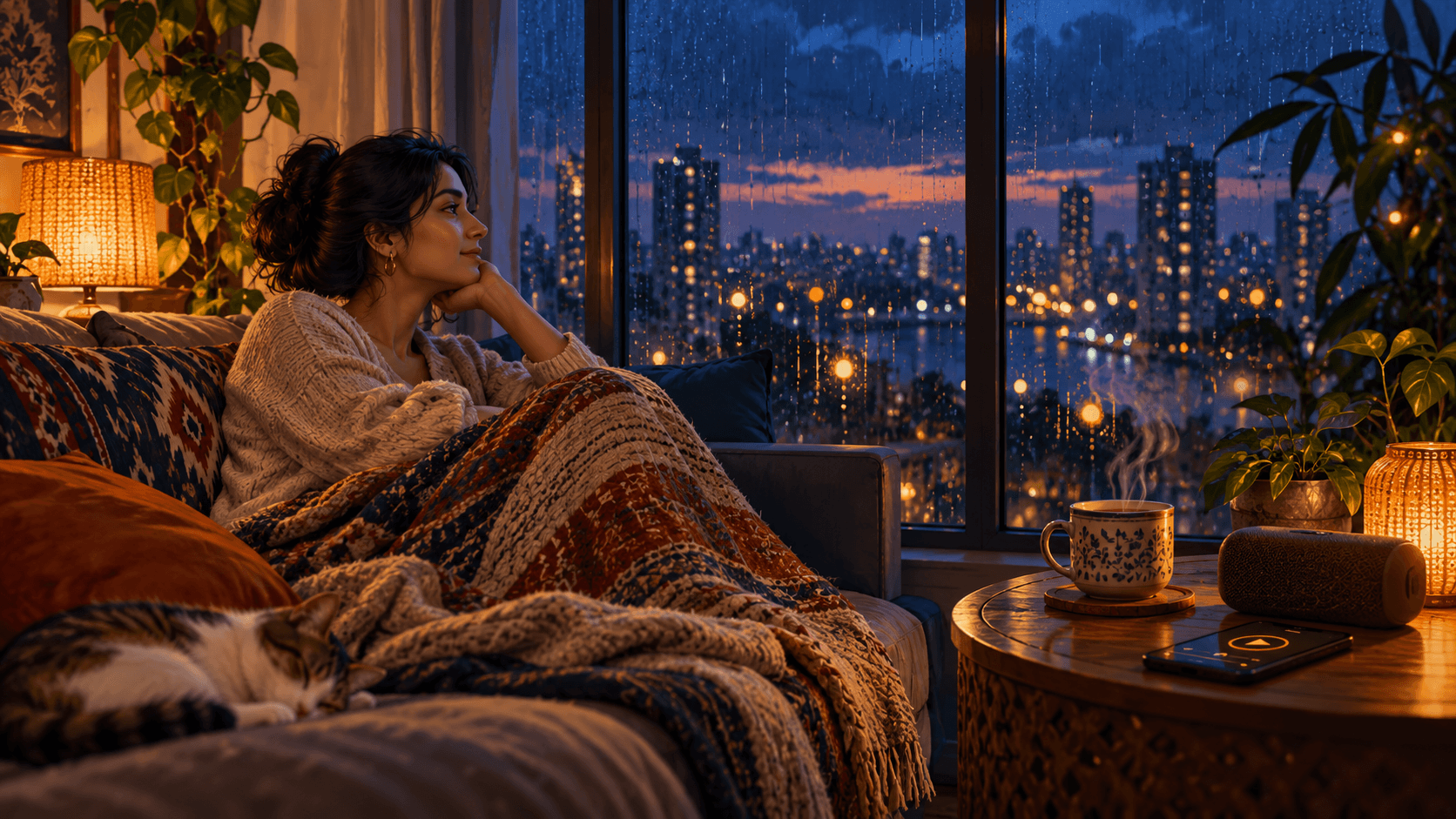 Woman relaxing beside a rainy evening window with tea, a speaker, and a phone playing music