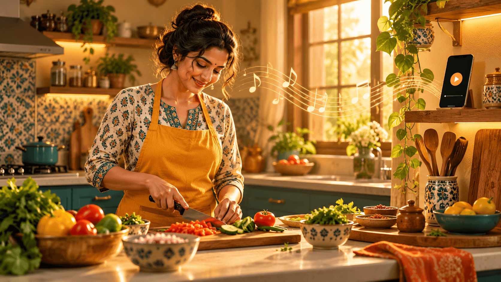 Woman preparing vegetables in a sunlit kitchen while music plays from a phone on a shelf