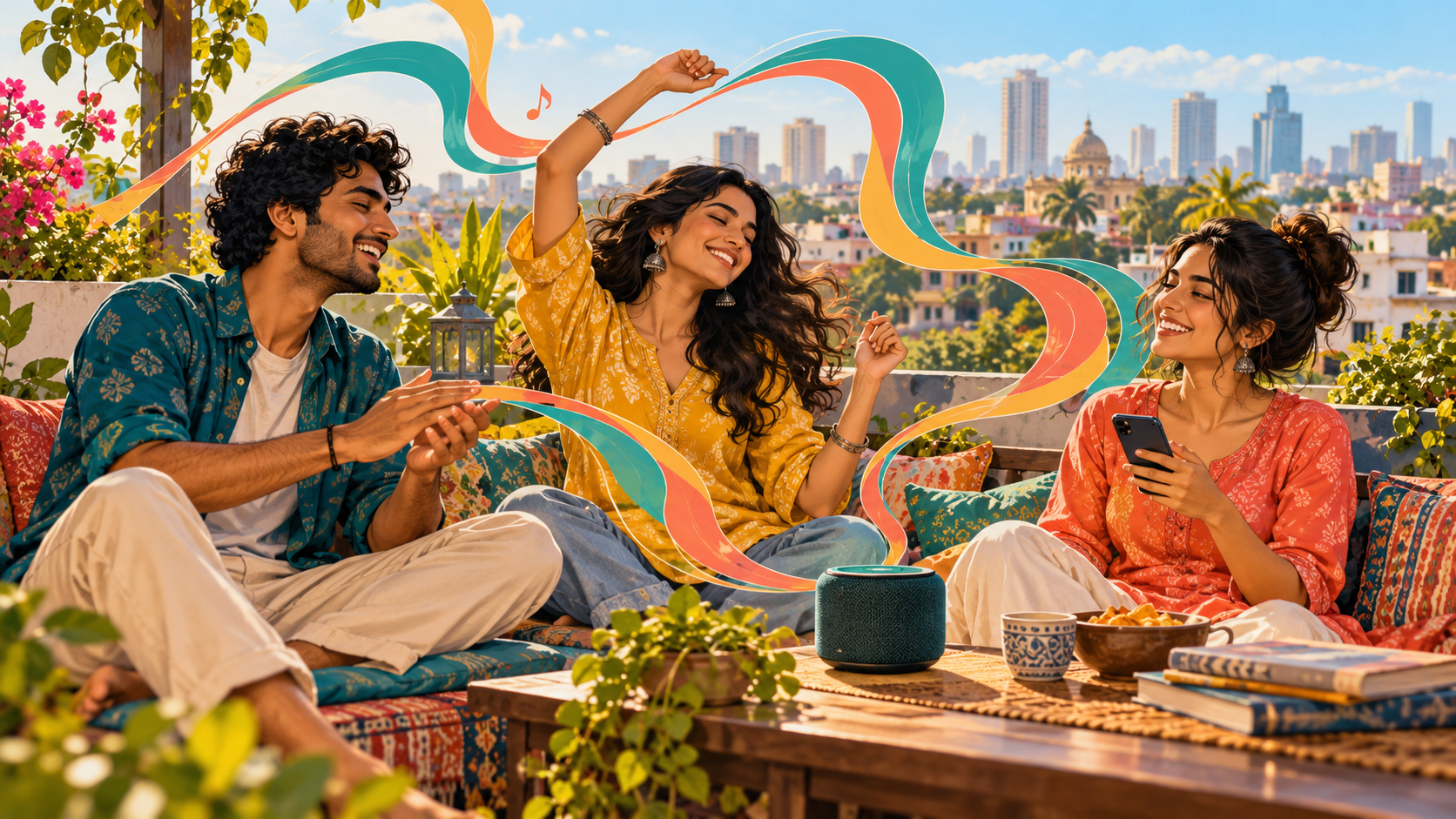 Three friends sharing music on a sunny Indian rooftop terrace with colorful sound ribbons